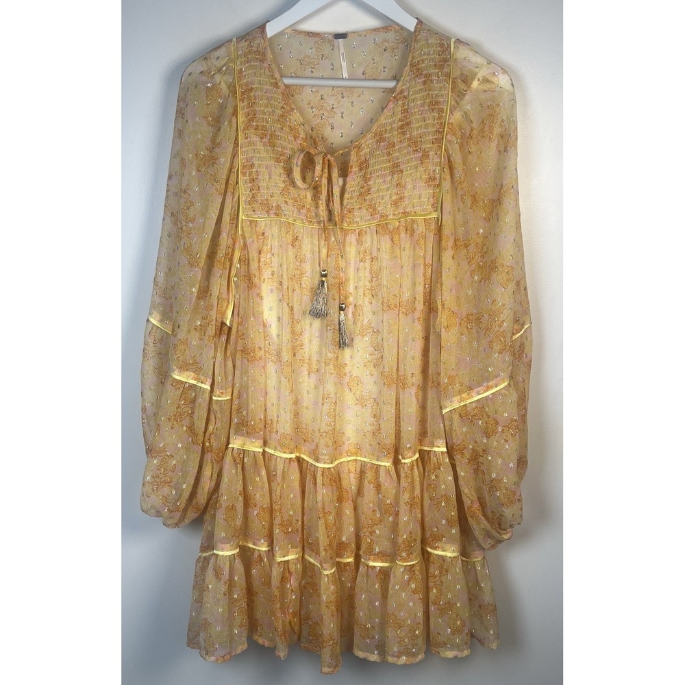 Free People Summers Orange Metallic Sheer Floral Tassel Festival Swing Dress Med - Picture 4 of 13